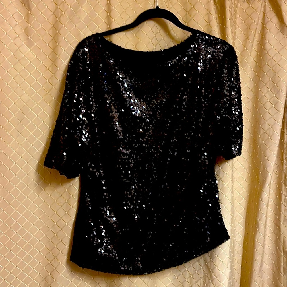 Black sequined skew neck top